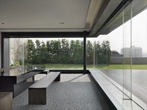 Kitchen island and seating furniture in office kitchen