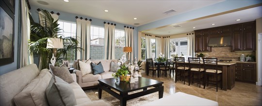 Panoramic of contemporary living room and kitchen