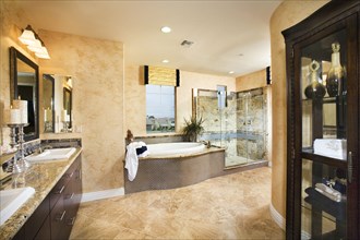 Interior of master bathroom with glass shower and sink