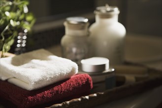 Display of Toiletries and Towels on Bathroom Tray
