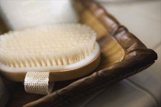 Scrub Brush and Toiletries in Wood Tray on Bathroom Counter
