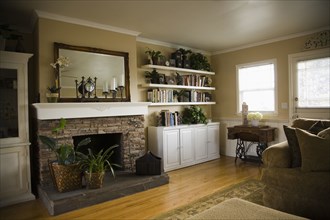 Traditional Living Room and Fireplace with Mantle