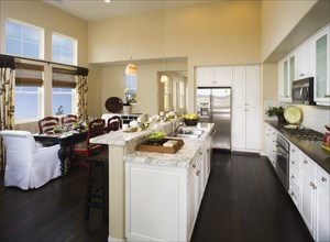 Interior of contemporary kitchen and dining room