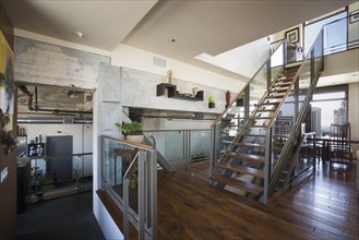 Wide angle of modern staircase and landing.
