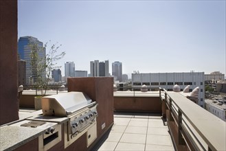 BBQ area on patio with city view in background.