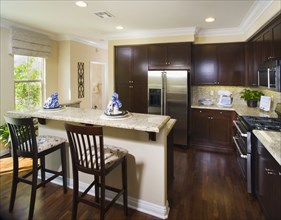 Traditional kitchen with breakfast bar and dark wood cabinets