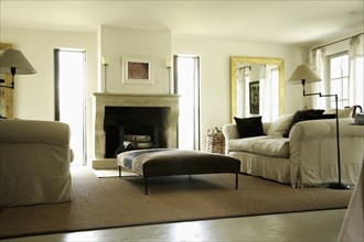 Low angle living room with comfy sofa