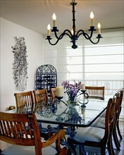 View of a glass top dining room table
