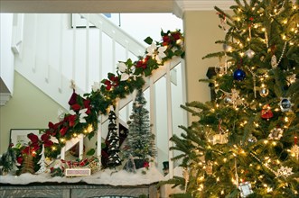 Decorated staircase banister and lit Christmas tree