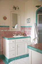 Bathroom sink and counter in pink and teal tiled bathroom