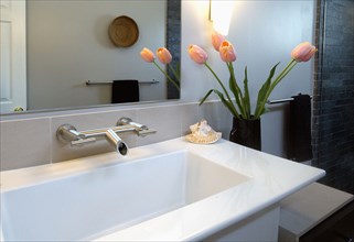 White Modern Bathroom sink with pink tulips