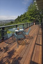 Wooden deck with table and chairs and a view