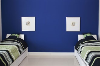 Wall art and twin beds in modern bedroom