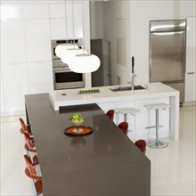 High angle view of counters in modern kitchen