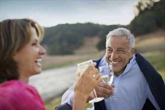 Smiling couple toasting with wine