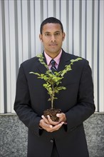 Serious mixed race businessman holding seedling