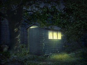 Illustration of illuminated shed in garden