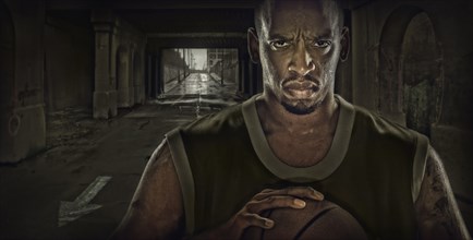 Illustration of African American basketball player standing in tunnel