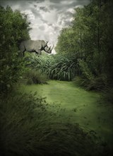 Rhino walking in jungle
