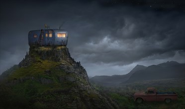 Illuminated trailer on rocky mountaintop