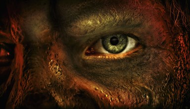 Close up of man's eye and burned skin