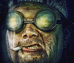 Illustration of Caucasian man in goggles smoking