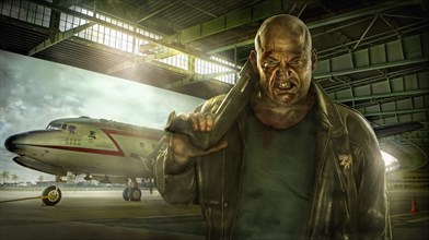 Illustration of mixed race man holding gun in airplane hangar