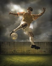 Illustration of soccer player kicking ball in field