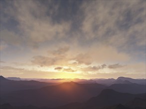 Sun rising over rural mountains