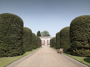 Manicured hedges on ornate driveway