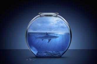 Shark swimming in fishbowl