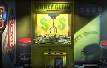 Claw grabbing money in money claw arcade machine