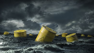 Oil barrels floating in stormy sea