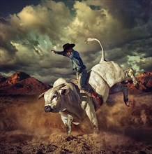 Caucasian cowboy riding bucking bull in desert