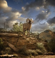 Ram on rock formation in desert