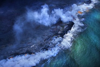 Aerial view of undersea volcanoes erupting