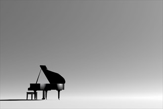 Grand piano and bench in empty room