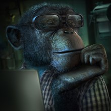 Monkey in eyeglasses resting chin in hand
