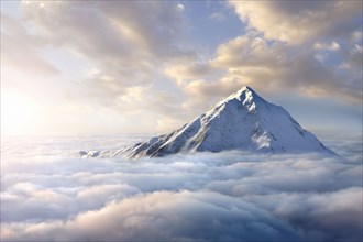 Snow-covered mountaintop above clouds