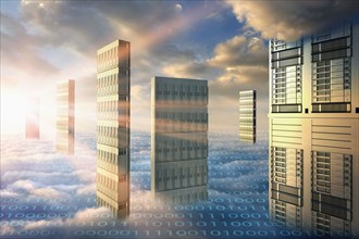 Computer servers in clouds with binary code