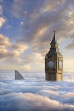 Birds flying around clock tower near shark fin above clouds