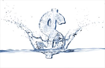 Water droplets splashing from sinking ice dollar symbol