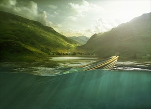 Rowboat sinking in lake near mountains