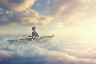Caucasian boy paddling rowboat in clouds