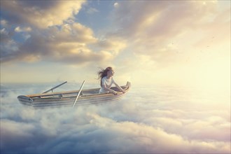 Caucasian girl sitting in rowboat in clouds