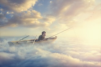 Caucasian boy fishing on rowboat in clouds