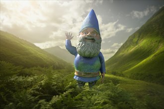 Garden gnome in lush green valley
