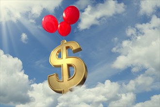 Red balloons lifting dollar symbol in cloudy sky