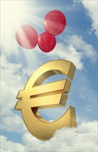 Red balloons lifting euro symbol in cloudy sky