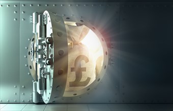 Back lit money bags with British pound symbol in vault
